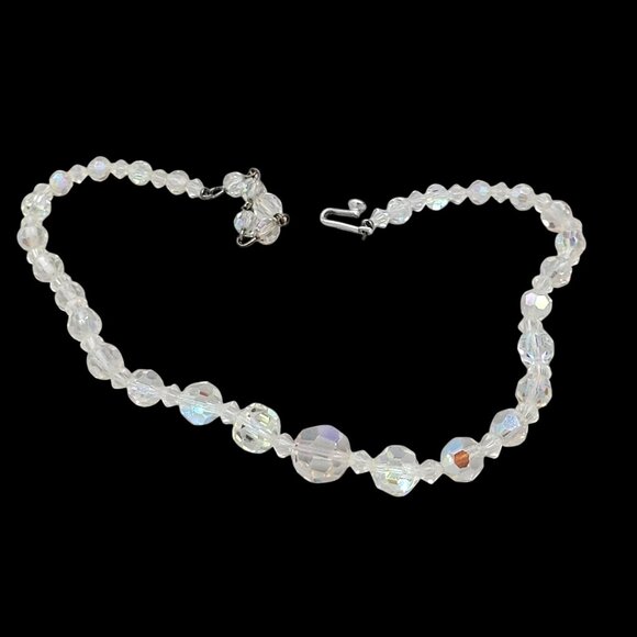 AB Beaded Graduated Necklace Silver Tone Hook Crystal Accent Vintage 15" Japan - Picture 5 of 7